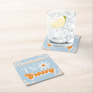 Posavasos Cuadrado De Papel Retro Dos chicos Groovy Segundo cumpleaños