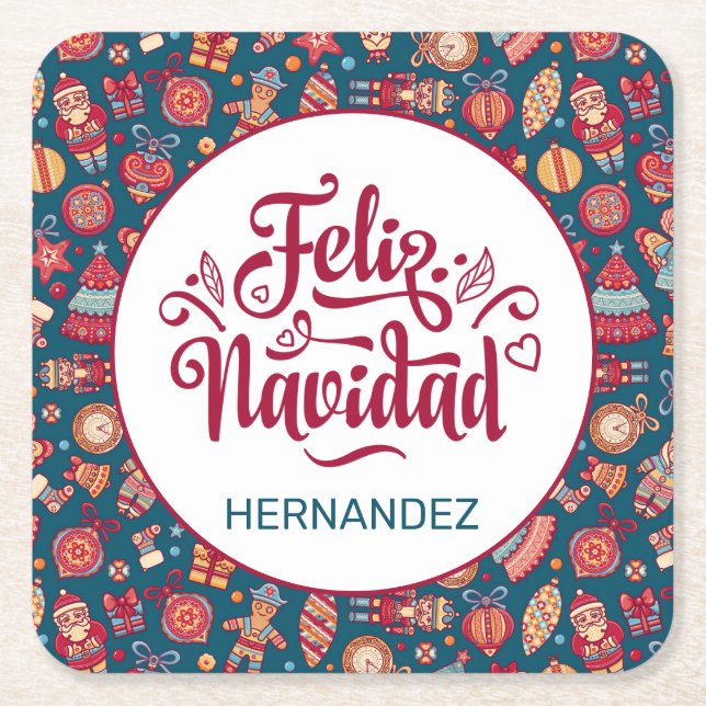 Posavasos Cuadrado De Papel Retro Feliz Navidad personalizada (Anverso)