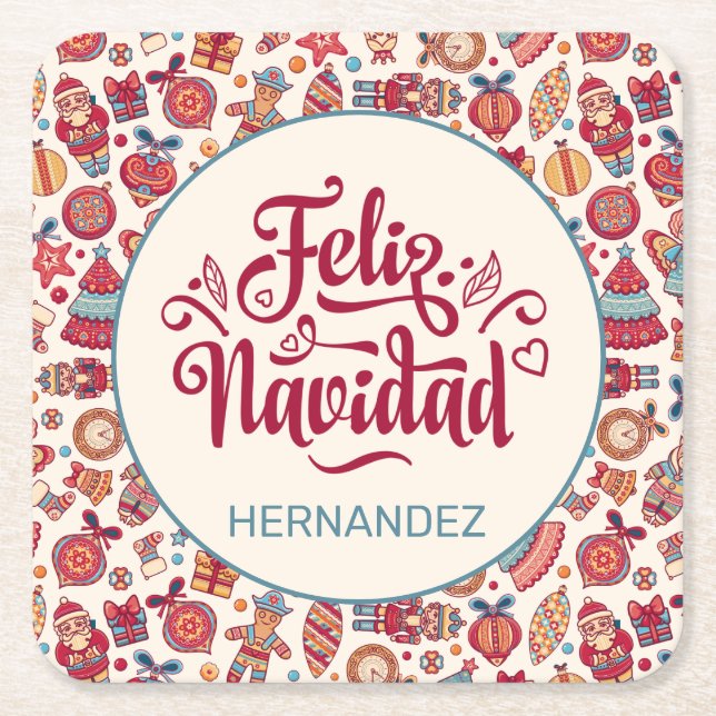Posavasos Cuadrado De Papel Retro Feliz Navidad personalizada (Anverso)