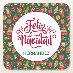 Posavasos Cuadrado De Papel Retro Feliz Navidad personalizada