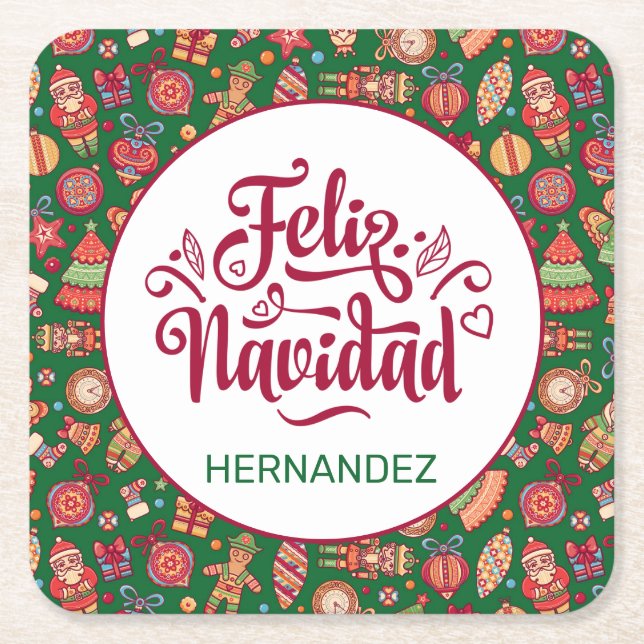 Posavasos Cuadrado De Papel Retro Feliz Navidad personalizada (Anverso)