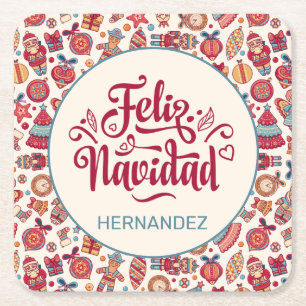 Posavasos Cuadrado De Papel Retro Feliz Navidad Personalizado