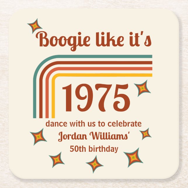 Posavasos Cuadrado De Papel Retro Groovy Boogie Simple Dance 50 cumpleaños (Anverso)