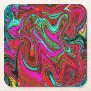 Posavasos Cuadrado De Papel Retro Groovy Magenta, arte abstracto rojo y azul