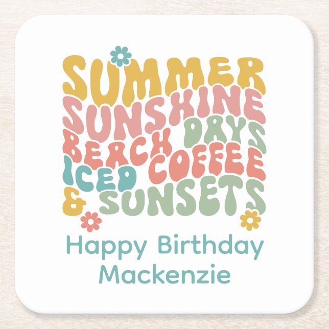 Posavasos Cuadrado De Papel Retro Groovy Summer Pink Monograma Nombre (Anverso)