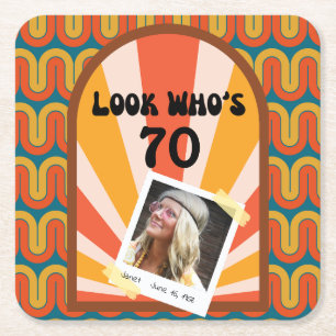Posavasos Cuadrado De Papel Retro Hippie Sunrise Foto Papel de cumpleaños