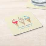Posavasos Cuadrado De Papel Retro Ice Cream Cone 18th Birthday Personalizado<br><div class="desc">Novedades para el verano de 2004. Un diseño retro patriótico cuenta con 3 helados de color rojo,  blanco y azul pastel retro. Dos líneas de texto modificable permiten realizar el personalizar de este diseño.</div>