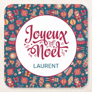 Posavasos Cuadrado De Papel Retro Joyeux Noel Personalizado