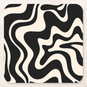 Posavasos Cuadrado De Papel Retro Láquido Swirl Abstract Pattern Black Cream