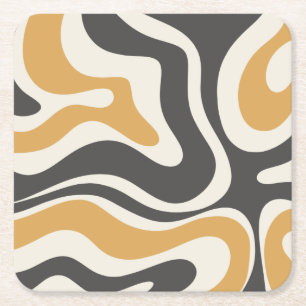 Posavasos Cuadrado De Papel Retro Líquido Swirl Resumen Patrón Carbón Oro