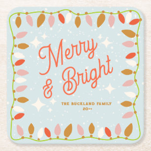Posavasos Cuadrado De Papel Retro Luces de Navidades merry y brillantes
