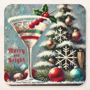 Posavasos Cuadrado De Papel Retro Martini de Navidad de Cranberry Copo de Niev