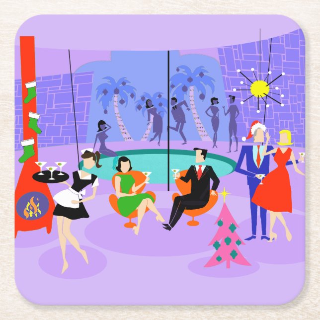 Posavasos Cuadrado De Papel Retro Navidades tropicales Fiesta Papel Reaster (Anverso)