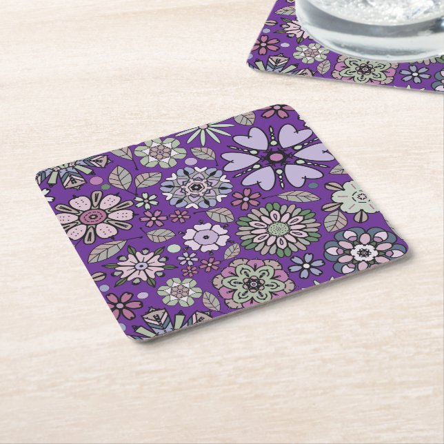 Posavasos Cuadrado De Papel Retro Pastel Pink Purple Floral Seamless Pattern (En perspectiva)