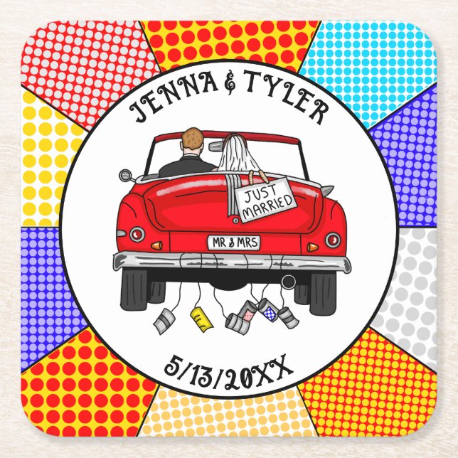 Posavasos Cuadrado De Papel Retro Pop Art Mr. & Mrs. | Acabo De Casarse (Anverso)