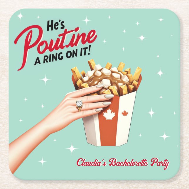 Posavasos Cuadrado De Papel ¡Retro Poutine un anillo! Montreal Bachelorette (Anverso)