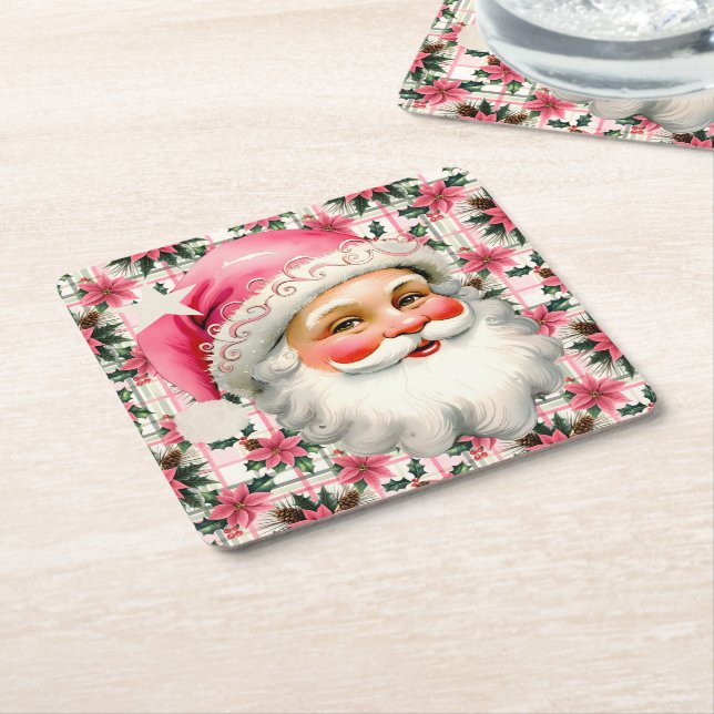 Posavasos Cuadrado De Papel Retro Rosa Santa Claus Navidades Floral Plaid (En perspectiva)