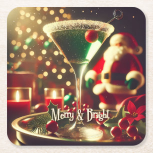 Posavasos Cuadrado De Papel Retro Santa de Navidad de los 50 Martini Verde
