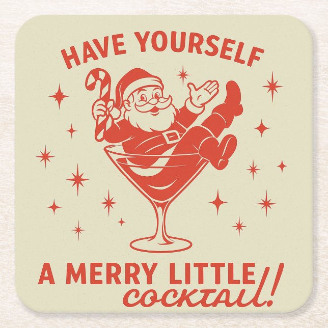 Posavasos Cuadrado De Papel Retro Santa Merry Little Cocktail Paper Coaster (Anverso)