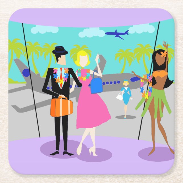 Posavasos Cuadrado De Papel Retro Tropical Vacation Paper Coaster (Anverso)