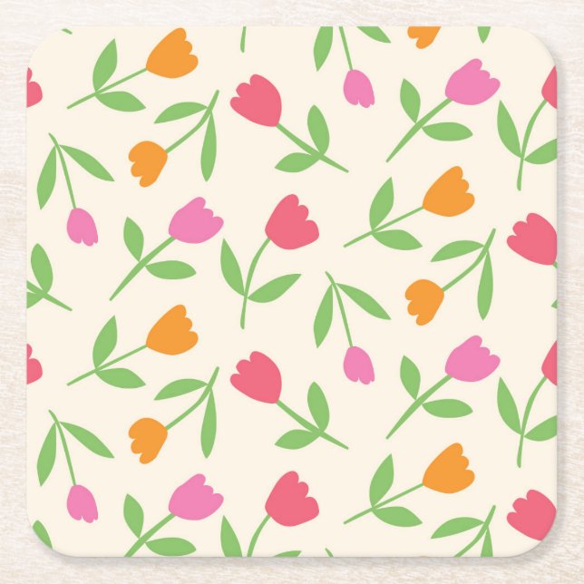Posavasos Cuadrado De Papel Retro Tulip Flowers pattern in orange pink and red (Anverso)