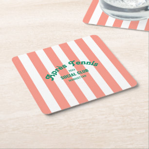 Posavasos Cuadrado De Papel Retro Verde Après Tennis Social Club Raya Rosa