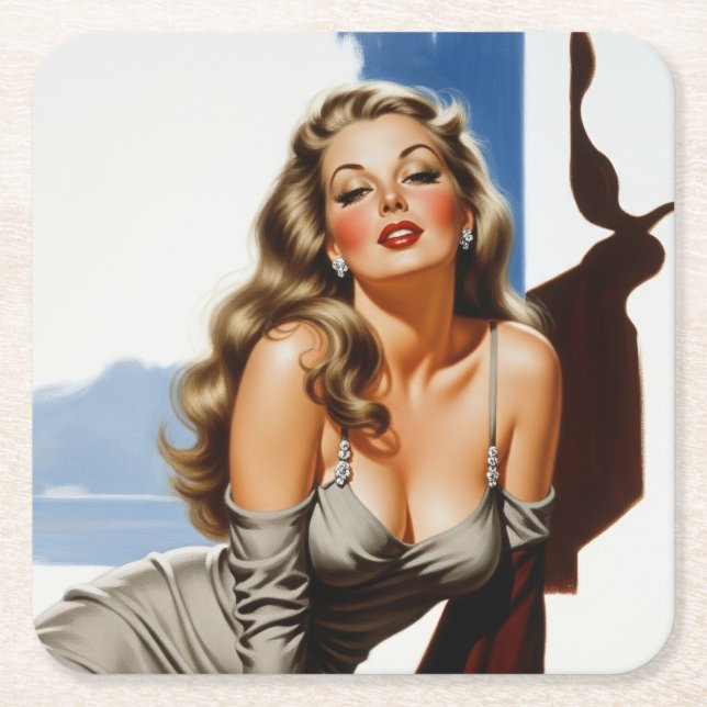 Posavasos Cuadrado De Papel Retro Vieja Hollywood Hermosa Mujer Rubia (Anverso)