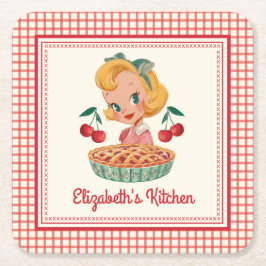 Posavasos Cuadrado De Papel Retro Vintage Gingham Red Cherry 