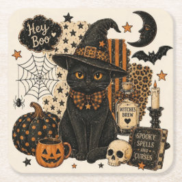 Posavasos Cuadrado De Papel Retro Vintage Halloween Gato Negro Bruja Sombrero