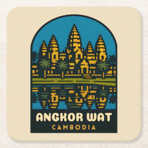 Posavasos Cuadrado De Papel Retro Vintage Viaje Angkor Wat Camboya 