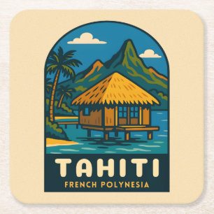 Posavasos Cuadrado De Papel Retro Vintage Viajes Tahití Polinesia Francesa Pla