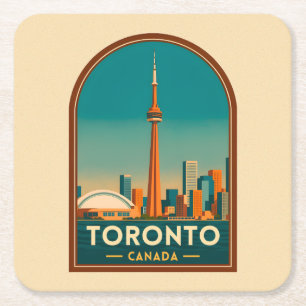 Posavasos Cuadrado De Papel Retro Vintage Viajes Toronto Canadá Silueta Escéni