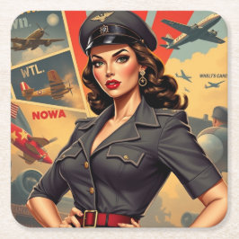 Posavasos Cuadrado De Papel Retro WW2 Pin Up Chica Papel Reaster