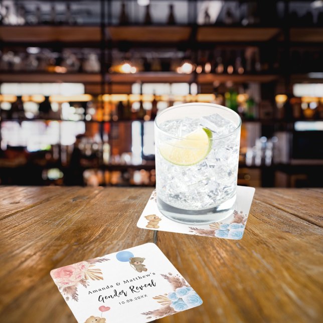 Posavasos Cuadrado De Papel Revelación de género fiesta pampas oso de peluche  (Subido por el creador)