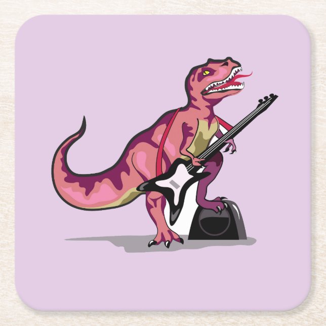 Posavasos Cuadrado De Papel Rex Tyrannosaurus Tocando La Guitarra. (Anverso)