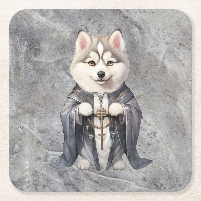 Posavasos Cuadrado De Papel Rey sacerdote Perro Husky Siberiano (Anverso)