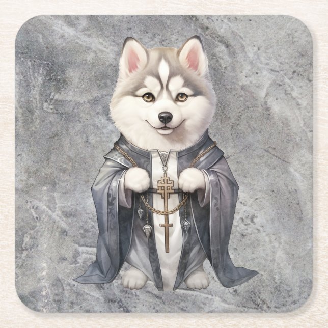 Posavasos Cuadrado De Papel Rey sacerdote Perro Husky Siberiano (Anverso)