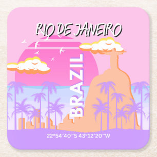 Posavasos Cuadrado De Papel Río de Janeiro Brasil Poster rosa de arte de viaje