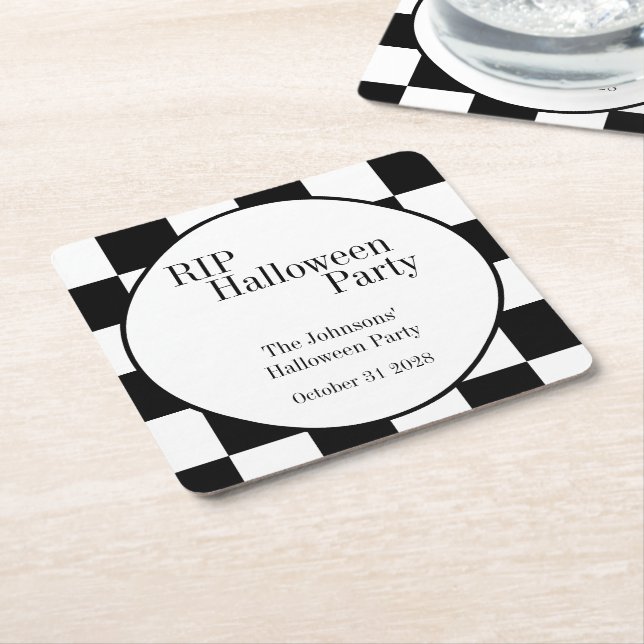 Posavasos Cuadrado De Papel RIP Halloween Black and White Check Party (En perspectiva)