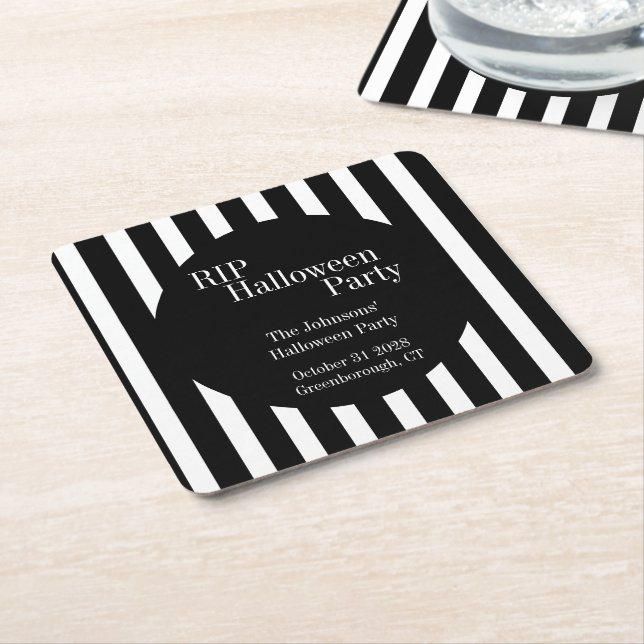 Posavasos Cuadrado De Papel RIP Halloween Black and White Stripe Party (En perspectiva)