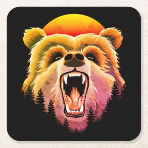 Posavasos Cuadrado De Papel Roaring Grizzly Bear Face