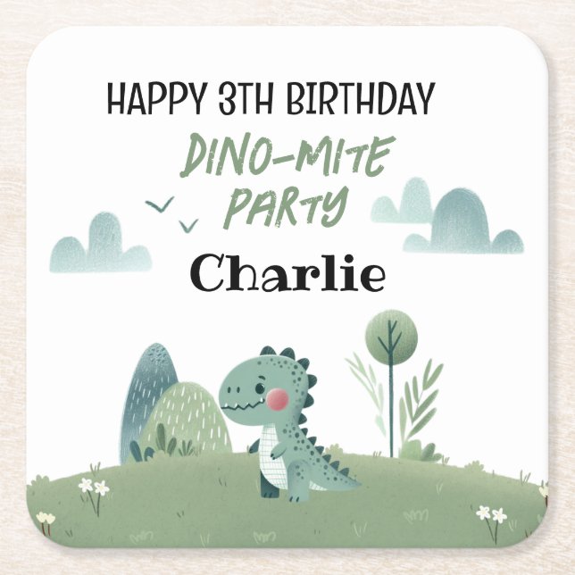 Posavasos Cuadrado De Papel Roarsome Dino Birthday  (Anverso)