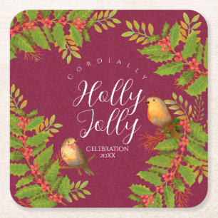 Posavasos Cuadrado De Papel Robin Birds Holly Berry Wine