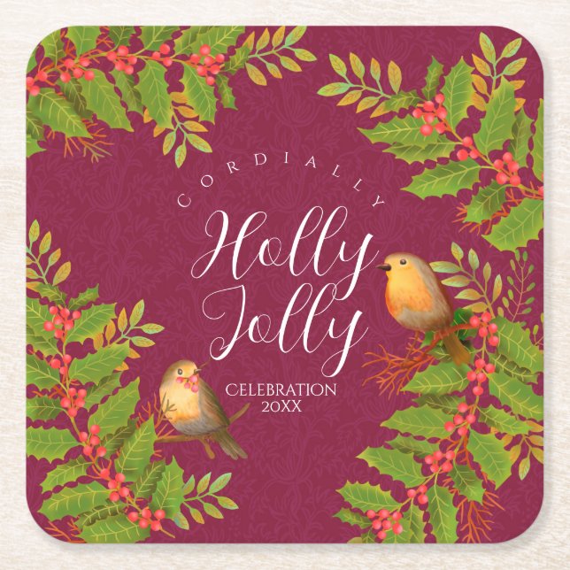 Posavasos Cuadrado De Papel Robin Birds Holly Berry Wine (Anverso)