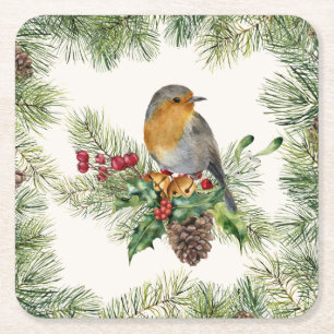 Posavasos Cuadrado De Papel Robin, holly, Navidades de pino