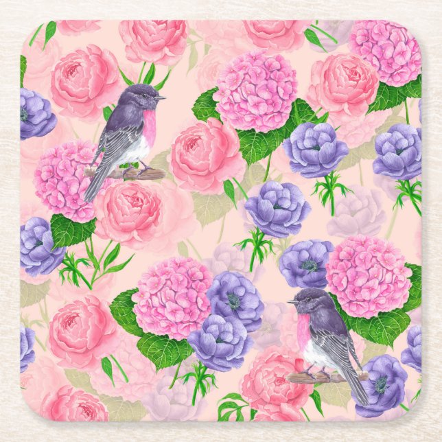 Posavasos Cuadrado De Papel Robin y flores, acuarela (Anverso)