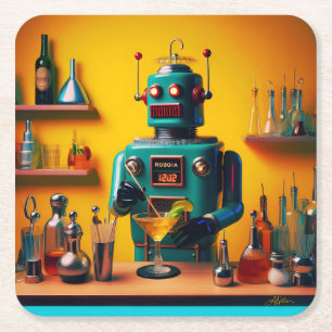 Posavasos Cuadrado De Papel Robot Retro Futurista ROBIA 12J2 Mixólogo