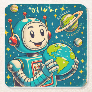 Posavasos Cuadrado De Papel Robot Vintage en el Espacio Ciencia Curiosidad Des