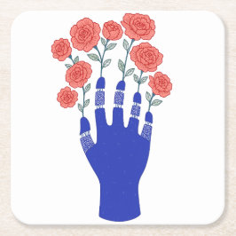 Posavasos Cuadrado De Papel Robótica mano con floreciente arte de Rosas