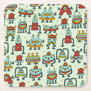 Posavasos Cuadrado De Papel Robots Aliens Ilustracion de patrones de vintage